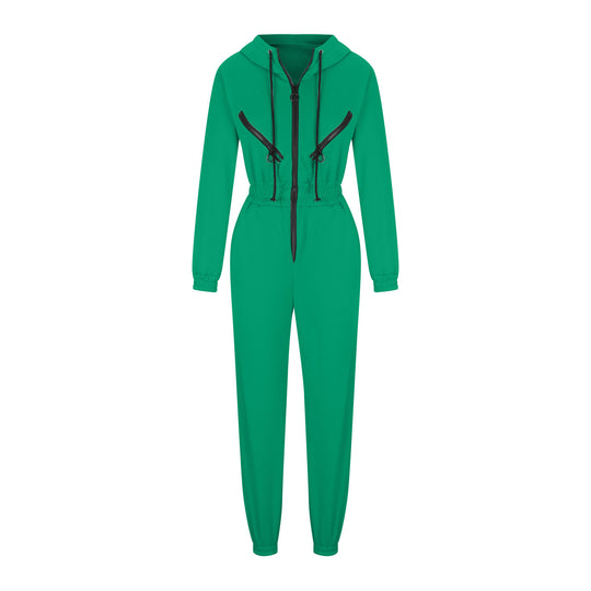 Damen taillierter Kapuzen-Jumpsuit mit elastischem Bund und markanten Kontrast-Reißverschlüssen EB