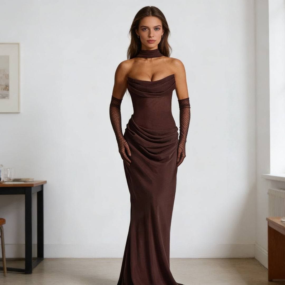 Damen Elegantes schulterfreies Maxikleid mit verführerischem Rüschendetail EB