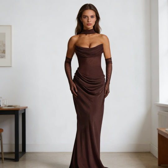 Damen Elegantes schulterfreies Maxikleid mit verführerischem Rüschendetail EB