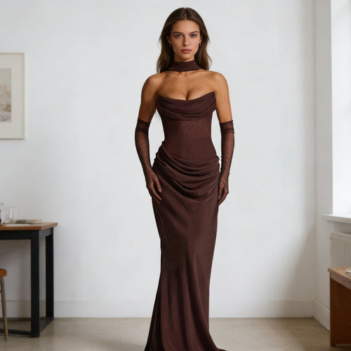 Damen Elegantes schulterfreies Maxikleid mit verführerischem Rüschendetail EB