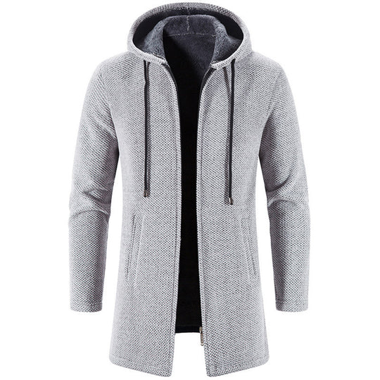 Herren nan langer Kapuzenstrickmantel mit Teddyfutter, durchgehendem Reißverschluss und seitlichen Eingrifftaschen EB