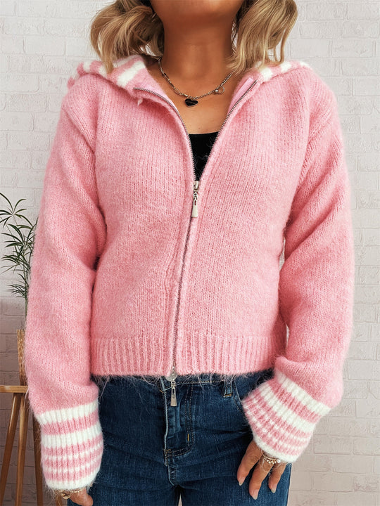 Damen kuschelige Strickjacke mit stilvollem Reißverschluss und modischen Streifen EB