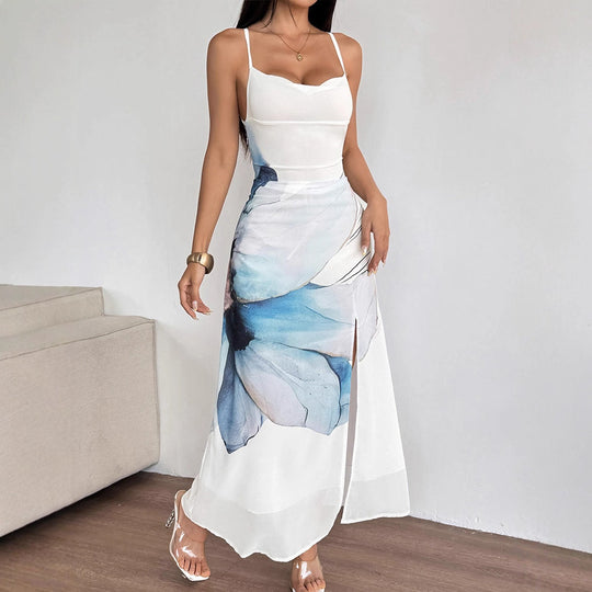 Damen Maxikleid mit zartem Blumenmotiv und spielerischen Spaghettiträgern EB