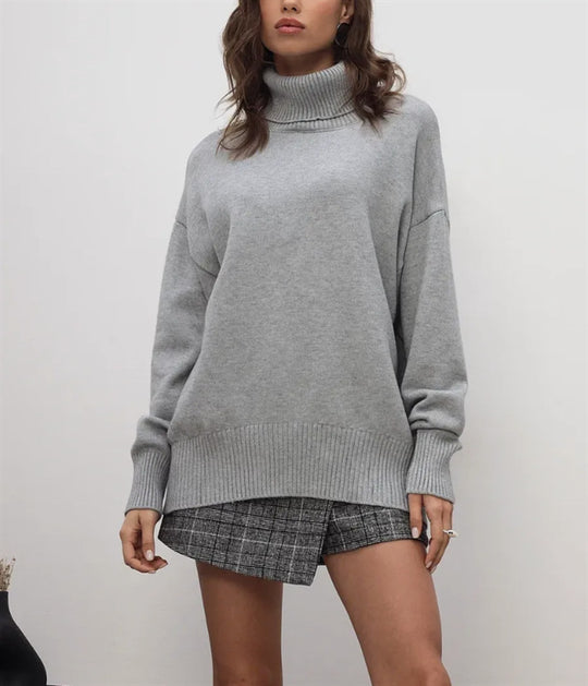 Damen Boxy-Rollkragenpullover aus feinem Feinstrick mit überschnittener Schulter EB