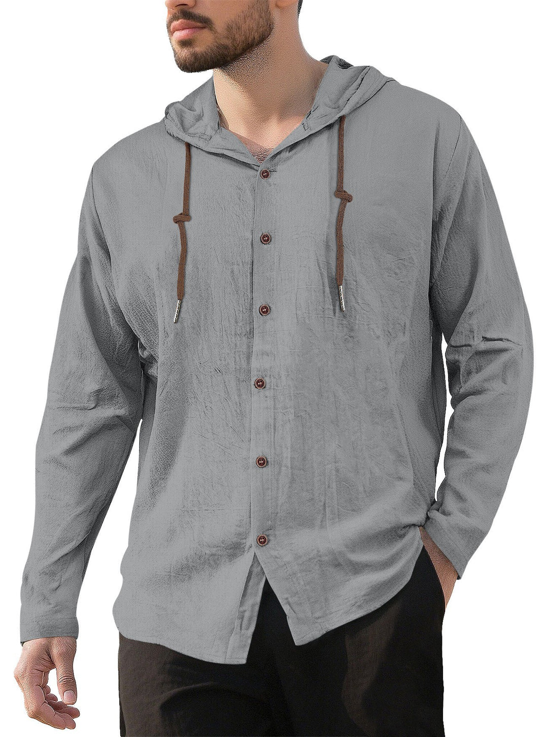 Herren nan Kapuzenhemd im Leinen-Look mit durchgehender Knopfleiste und Kordelzug EB