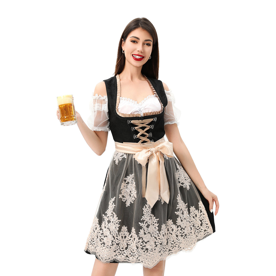 Damen nan traditionelles Dirndlkleid mit Spitzenüberrock Corsage Schnürung und Satinband EB