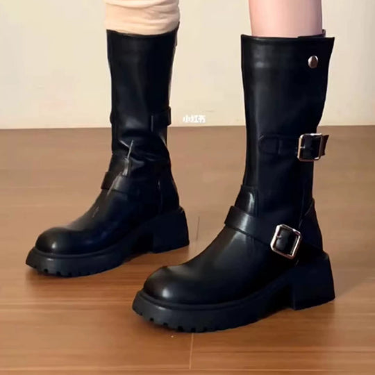 Damen robuste Stiefel mit modischem Schnallen-Design EB