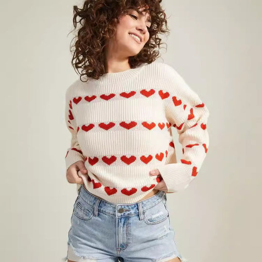 Damen gemütlicher Pullover mit Herzmuster EB