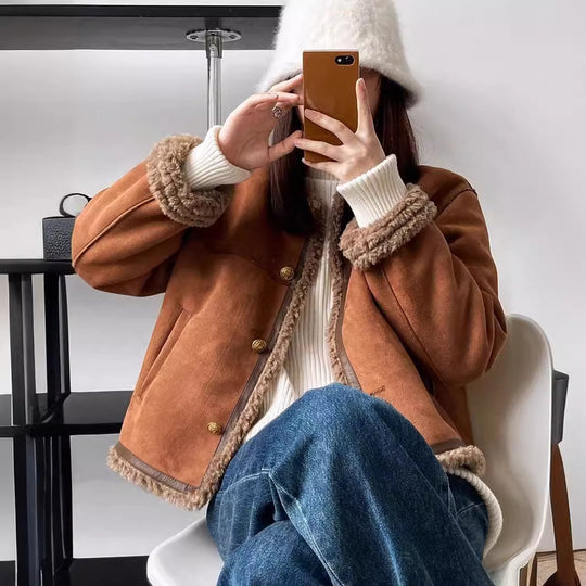 Damen Kunstlederjacke mit kuscheligem Teddyfutter EB