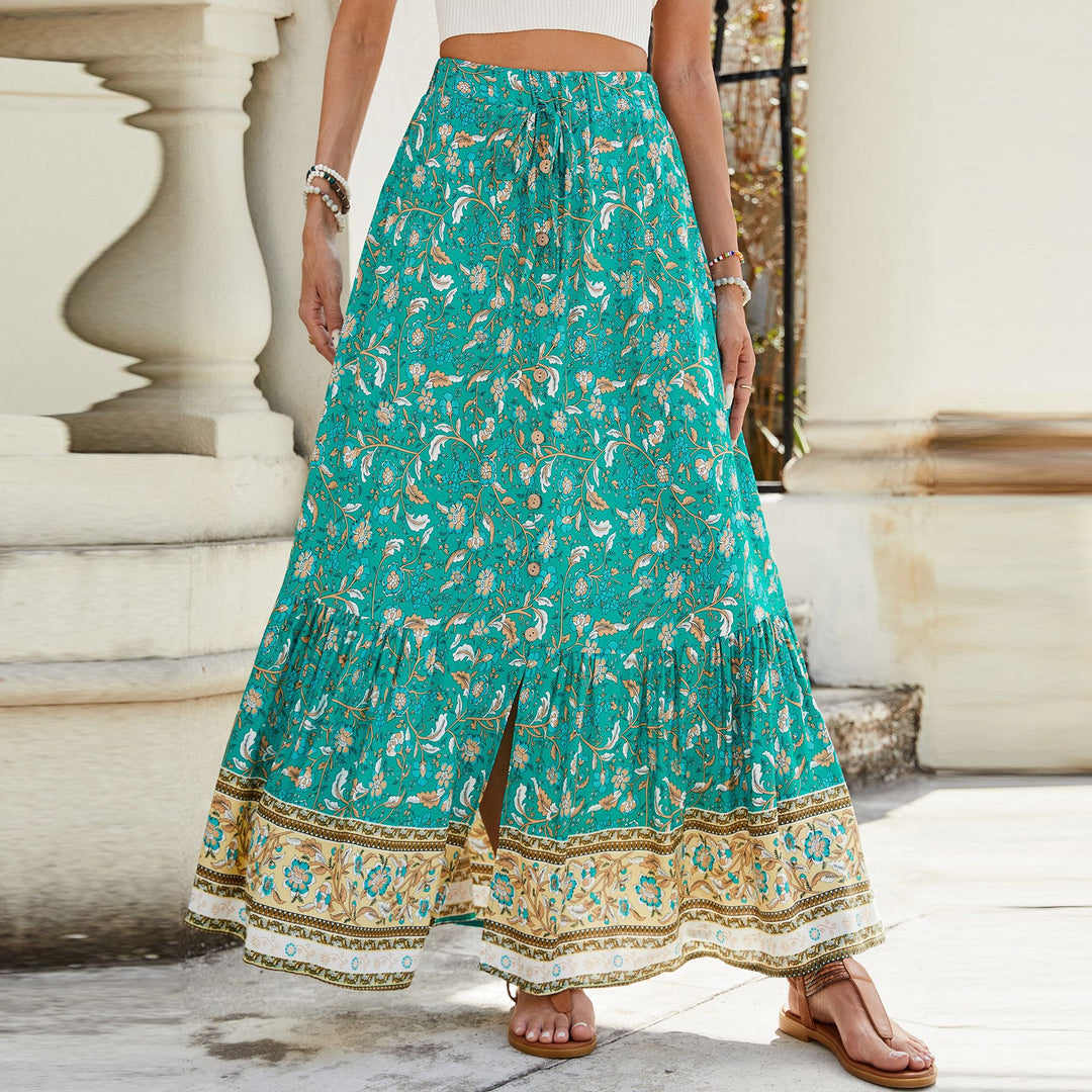 Damen Long Skirt mit Volants und buntem Muster EB
