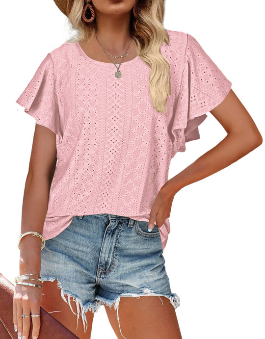 Damen Kurzärmlige Bluse mit Rüschendetails und Lochmuster EB