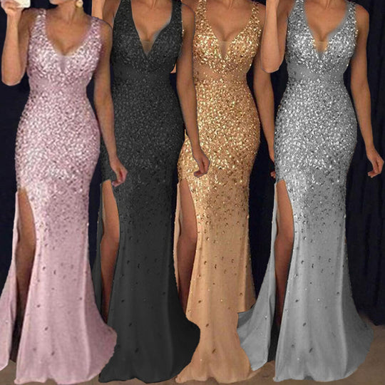 Damen Schimmerndes Abendkleid mit tiefem V-Ausschnitt und seitlichem Schlitz EB