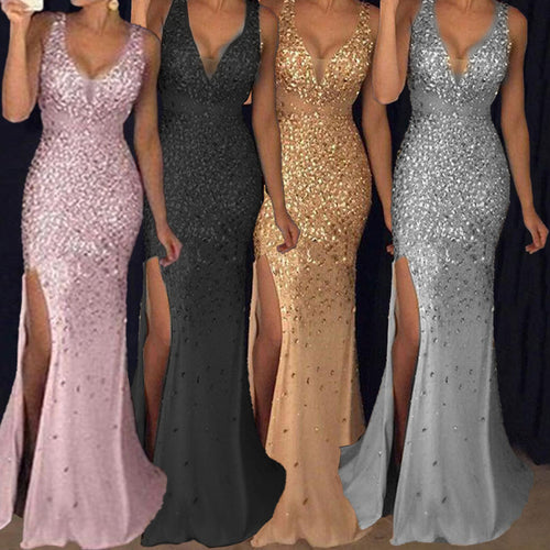 Damen Schimmerndes Abendkleid mit tiefem V-Ausschnitt und seitlichem Schlitz EB