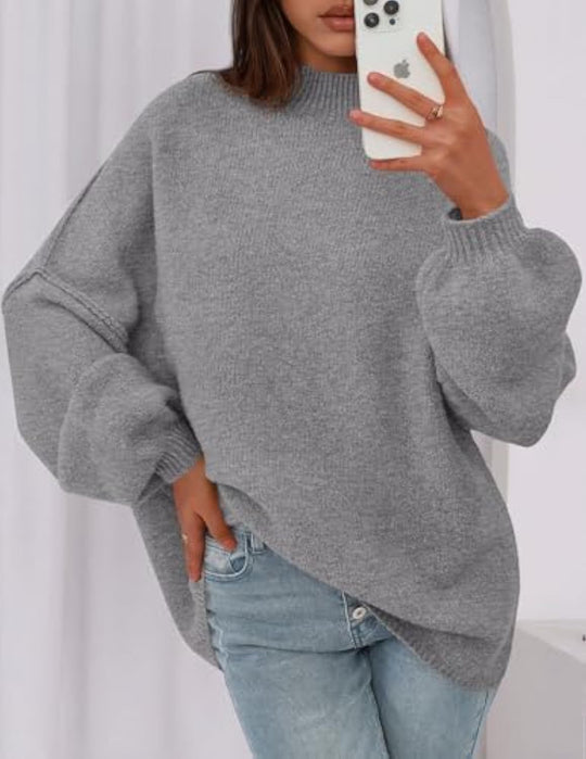 Damen Oversize-Strickpullover mit Stehkragen und Ballonärmeln EB