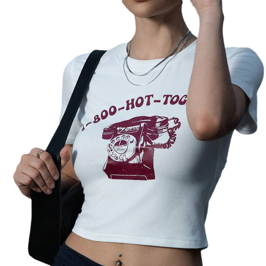 Damen Crop-T-Shirt mit kreativem Telefon-Design EB