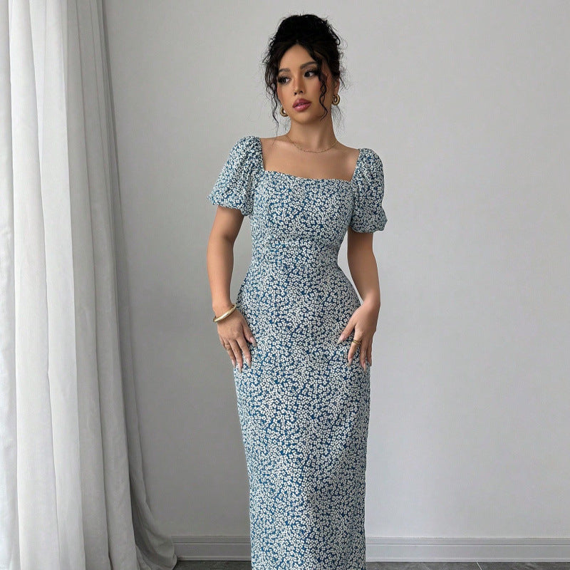 Damen Midikleid mit schulterfreien Puffärmeln und floralem Muster EB