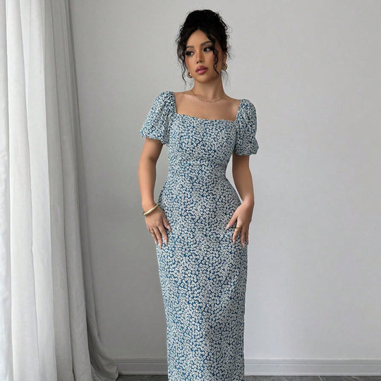 Damen Midikleid mit schulterfreien Puffärmeln und floralem Muster EB