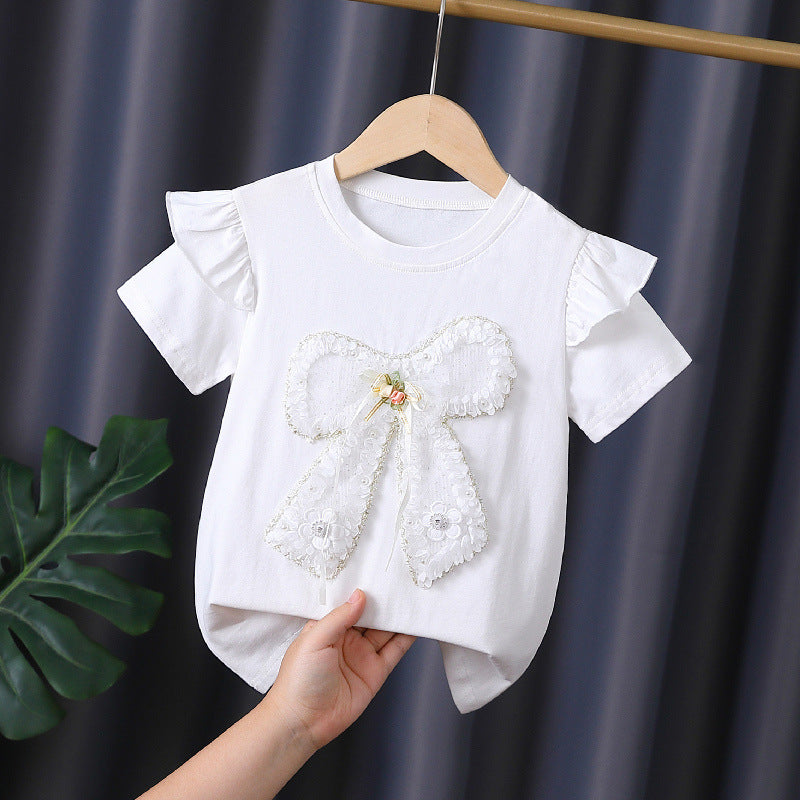 Mädchen T-Shirt mit dekorativem Rüschendesign und kunstvollem Schleifenmotiv EB