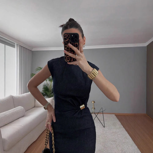 Damen elegantes Midikleid aus Denim mit Knopfdetail EB