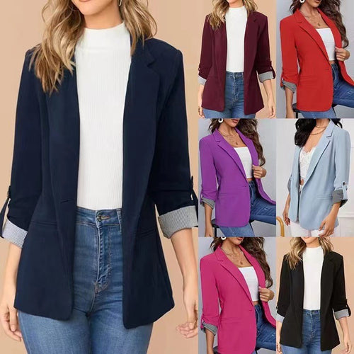 Damen stilvolle und vielseitige Blazerjacke mit umgeschlagenen Ärmeln EB