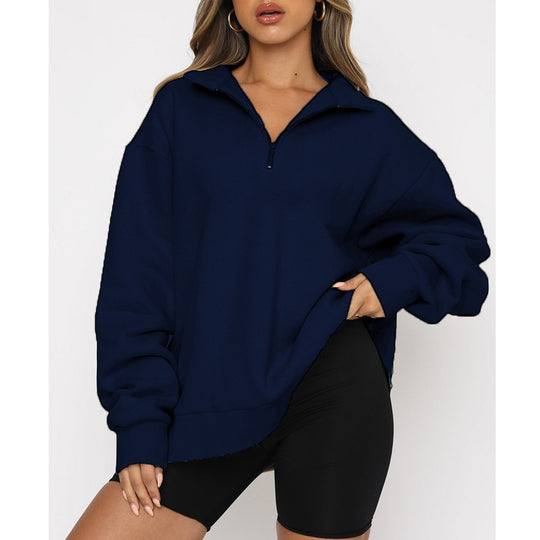 Damen nan oversized Sweatshirt mit halbem Reißverschluss, weichem Fleece-Innenfutter und Kängurutasche EB