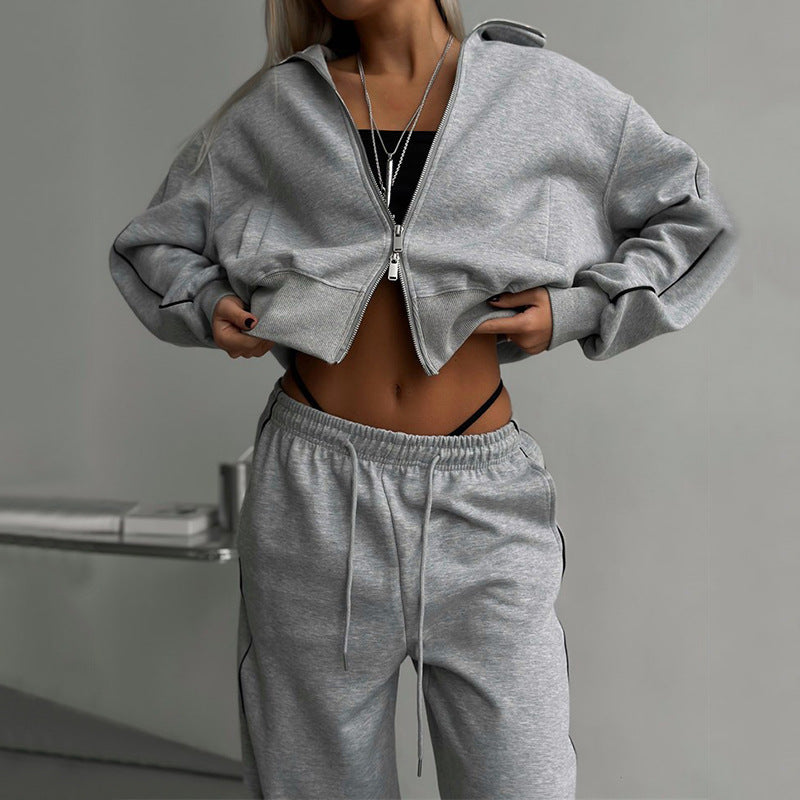 Damen nan kurzes Reißverschluss-Hoodie und hohe Taillen-Jogginghose Set mit dekorativer Seitenpaspel EB