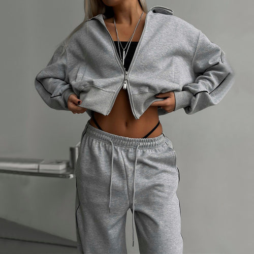 Damen nan kurzes Reißverschluss-Hoodie und hohe Taillen-Jogginghose Set mit dekorativer Seitenpaspel EB