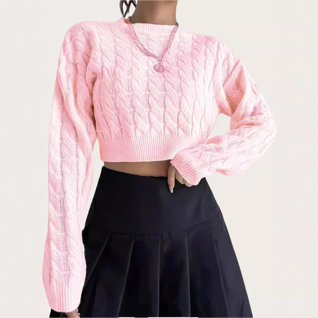Damen kuscheliger Cropped Pullover mit Zopfmuster EB