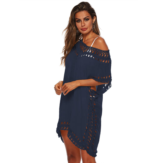 Damen Häkel-Strandüberwurf mit elegantem V-Ausschnitt und fransigen Details EB