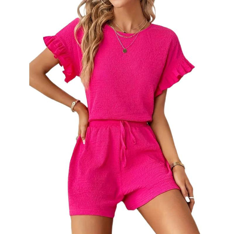 Damen lässiger Shortsanzug mit Rüschendetails und elastischem Taillenzug EB