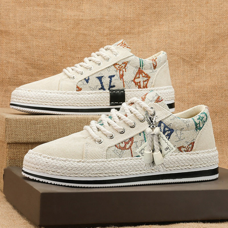 Damen bestickte Canvas‑Sneaker mit Quastenanhänger und geflochtener Plateausohle EB