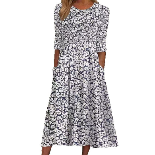 Damen nan Midikleid mit gerafftem Smock-Oberteil, Ellenbogenärmeln und praktischen Eingrifftaschen EB