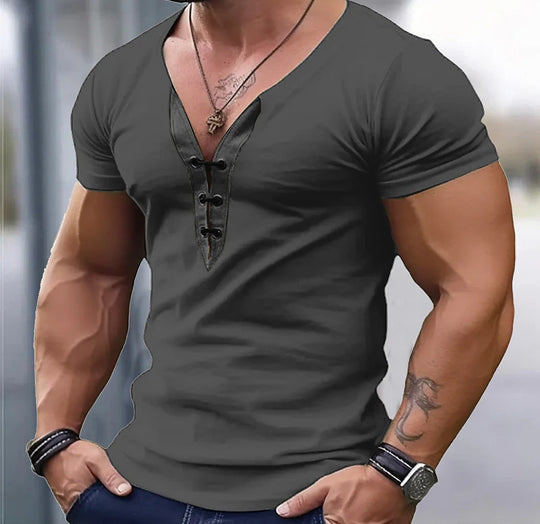 Herren trendiges V-Ausschnitt T-Shirt mit Knopfleiste EB