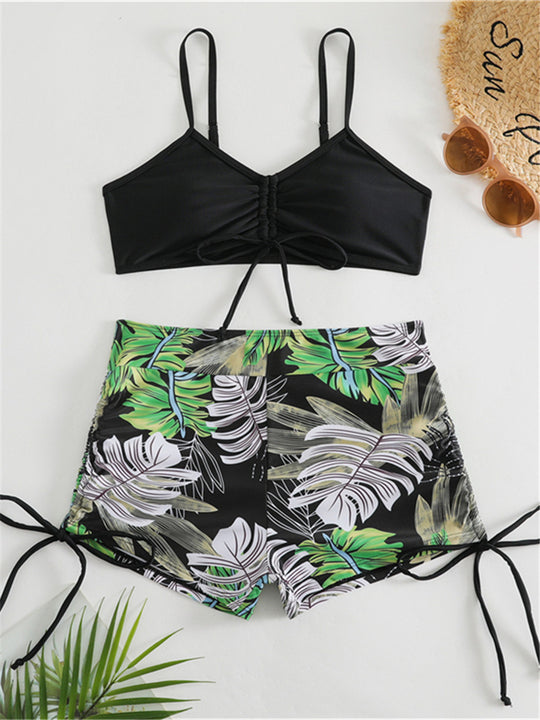 Damen Bikini-Set mit rüschenverziertem Oberteil und modischen Shorts EB