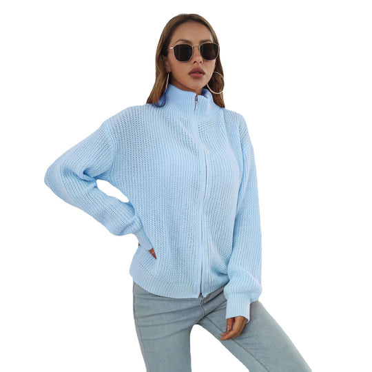 Damen lässiger Strickpulli mit hohem Kragen und Reißverschluss EB
