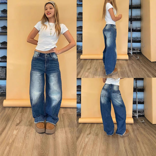 Damen nan weite Baggy-Jeans mit tiefer Schrittnaht, markanten Knieabnähern und verstärktem Five‑Pocket‑Schnitt EB