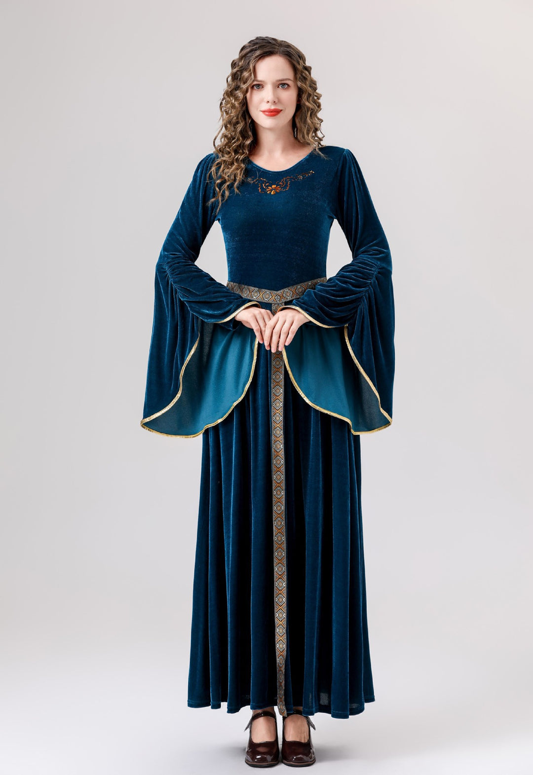 Damen elegantes Samtkleid mit Weitem Ärmel und Ziergürtel EB