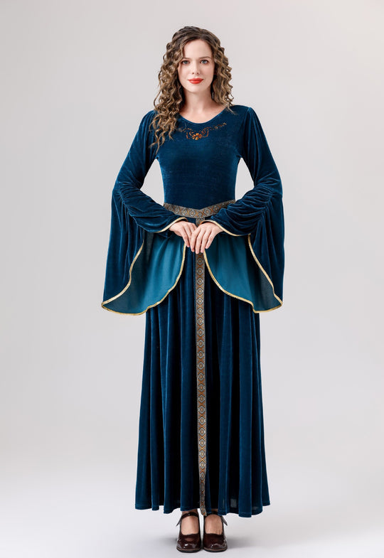 Damen elegantes Samtkleid mit Weitem Ärmel und Ziergürtel EB