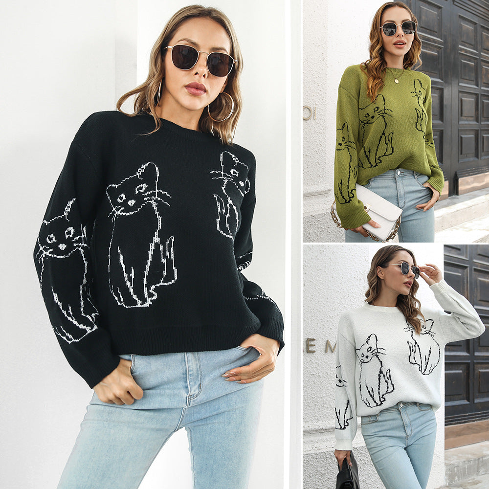 Damen Strickpullover mit verspieltem Katzenmotiv und lässigem Schnitt EB