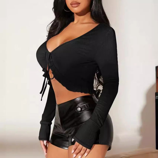 Damen kurzärmeliges Crop-Top mit verspieltem Kordelzug und Rüschendetails EB