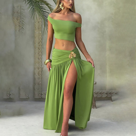 Damen Elegantes Off-Shoulder Maxikleid mit seitlichem Schlitz und raffiniertem Bund EB