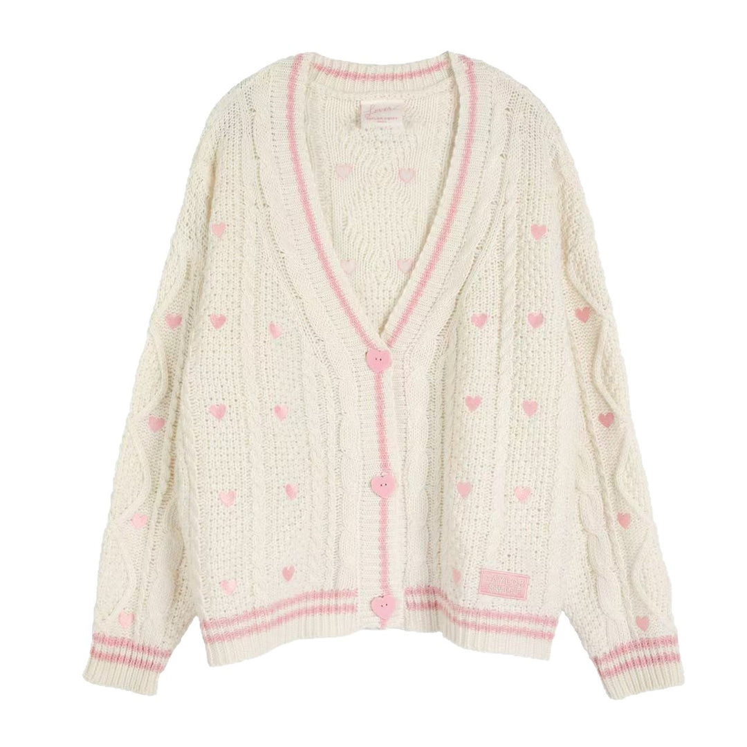 Damen nan grob gestrickter V-Ausschnitt-Cardigan mit Herzapplikationen und dekorativen Herzknöpfen EB
