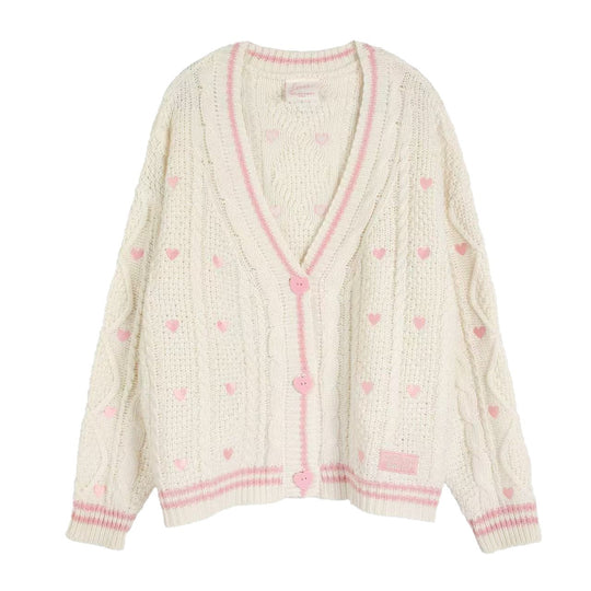 Damen nan grob gestrickter V-Ausschnitt-Cardigan mit Herzapplikationen und dekorativen Herzknöpfen EB