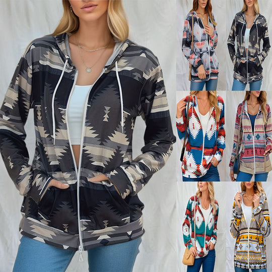 Damen Kapuzenjacke mit tribal inspiriertem Muster und praktischen Taschen EB