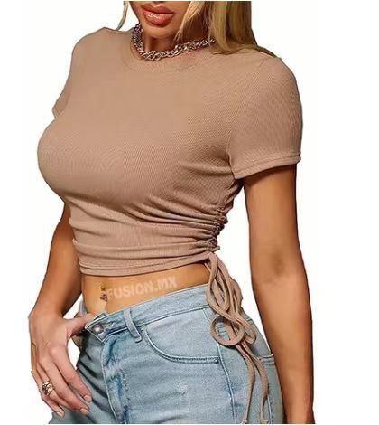 Damen trendiges Cropped T-Shirt mit Raffung und Bändchen EB