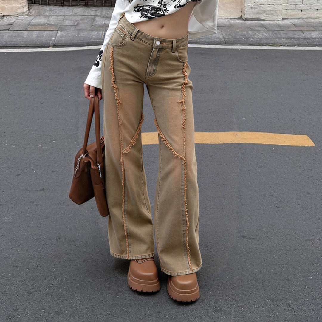 Damen nan hochgeschnittene Wide‑Leg Jeans mit offenen Saumnähten, diagonalem Fransenbesatz und Relaxed Fit EB