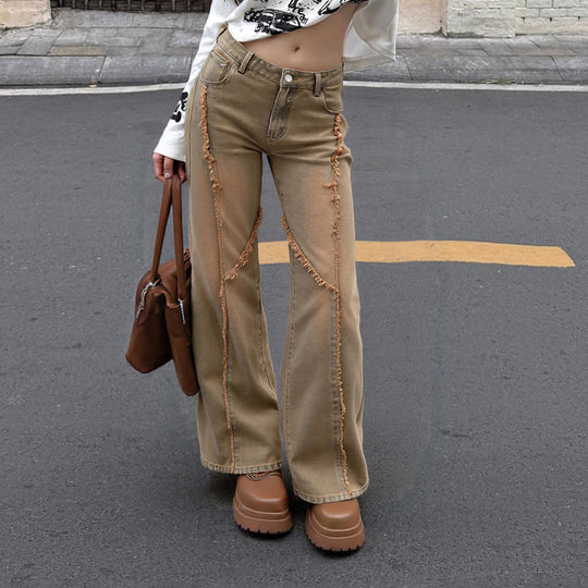 Damen nan hochgeschnittene Wide‑Leg Jeans mit offenen Saumnähten, diagonalem Fransenbesatz und Relaxed Fit EB