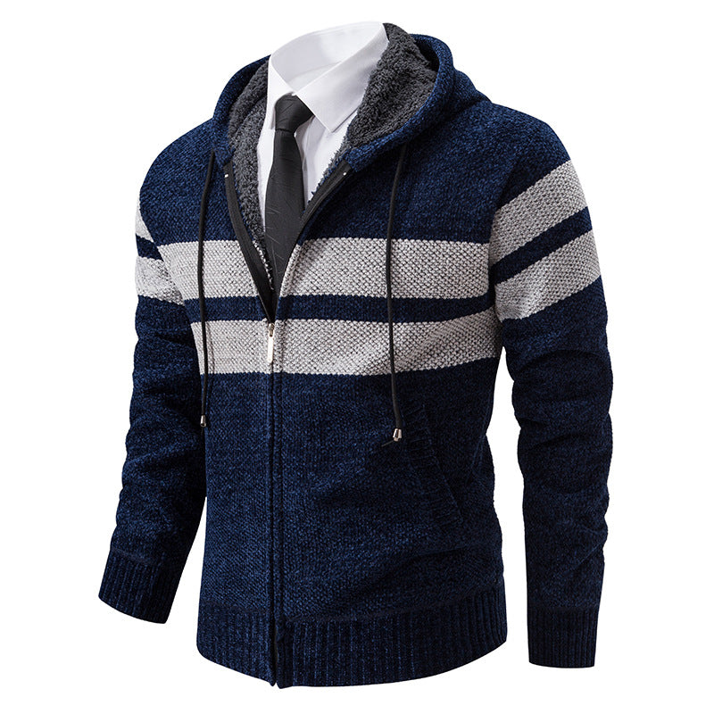 Herren nan gestrickte Kapuzenjacke mit Teddyfutter, verdecktem Reißverschluss und kontrastreifen EB