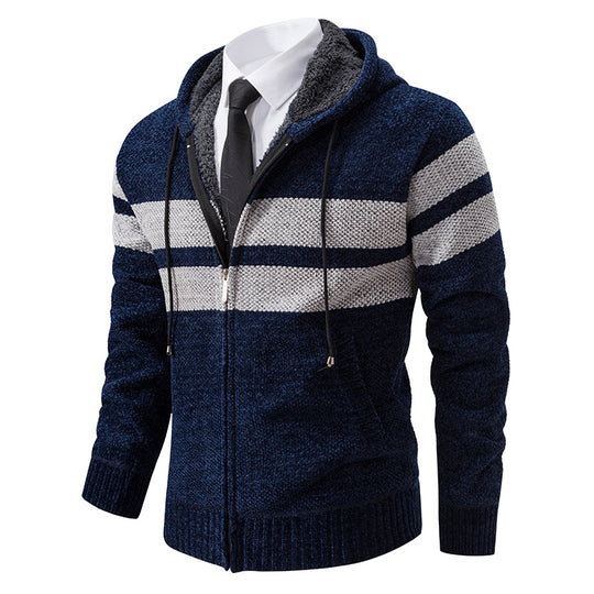 Herren nan gestrickte Kapuzenjacke mit Teddyfutter, verdecktem Reißverschluss und kontrastreifen EB