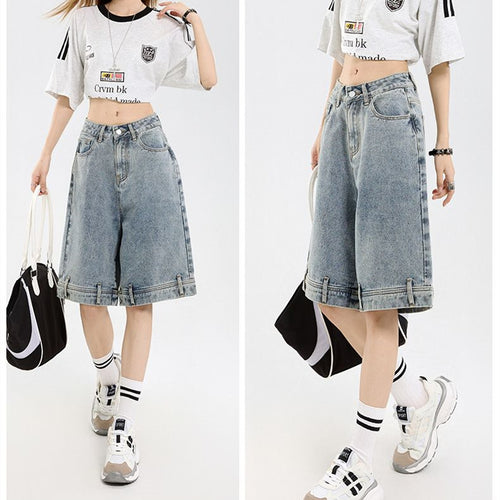 Damen klassische Denim-Shorts mit weitem Bein EB